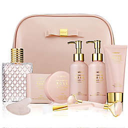 Luxury Enchanted Rose Bath & Body Beauty Kit with Leather Bag, Jade Roller & More