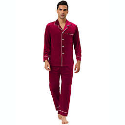 Lars Amadeus Men's Sleepwear Long Sleeves Button-Down Velvet Pajama Set Red XL