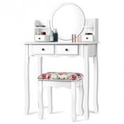 Costway Makeup Vanity Table Set Girls Dressing Table with Drawers Oval Mirror-White