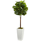 Nearly Natural 4&#39; Fiddle Leaf Artificial Tree in White Tower Planter