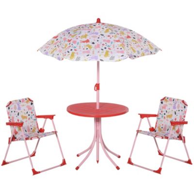 Outsunny Kids Folding Picnic Table and Chair Set Rabbit Pattern Outdoor Garden Patio Backyard with Removable & Height Adjustable Sun Umbrella, Red