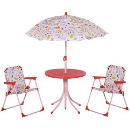 Outsunny Kids Folding Picnic Table and Chair Set Rabbit Pattern Outdoor Garden Patio Backyard with Removable & Height Adjustable Sun Umbrella, Red