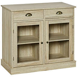 HOMCOM Rustic Farmhouse Sideboard, Buffet Cabinet with 2 Glass Doors, Adjustable Shelves and 2 Drawers for Kitchen, Living Room, Oak