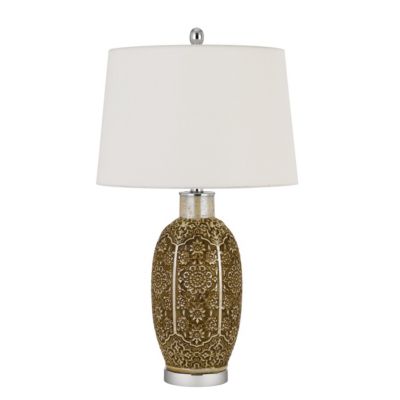 Saltaro Sherpi 29 Inch Ceramic Table Lamp with Dimmer, Floral Base, Olive- Saltoro Sherpi