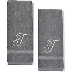 Juvale Monogrammed Hand Towels, Letter T Embroidered Gift (16 x 30 in, Grey, Set of 2)