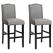 Costway-CA Set of 2 Bar Stools 30 Inch Upholstered Kitchen Nailhead Bar Chairs-Gray