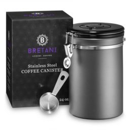 Bretani 24 oz Stainless Steel Coffee Canister & Scoop Set - Large Airtight Kitchen Storage Container for Storing Coffee Beans & Grounds