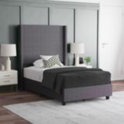 Emma and Oliver Nora Twin Size Faux Linen Upholstered Platform Bed in Gray with Plush Padded Wingback Headboard and Wood Support Slats - No Box Spring Needed