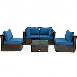Costway 5 Pieces Cushioned Patio Rattan Furniture Set with Glass Table-Navy