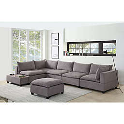 Contemporary Home Living Set of 7 Rhino Gray Madison Fabric Modular Sectional Sofa with Ottoman and USB Storage Console Table, 13'