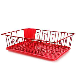 MegaChef 17.5 Inch Red Dish Rack with 14 Plate Positioners and a Detachable Utensil Holder