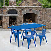 Emma + Oliver Commercial Grade Rectangular Blue Metal Indoor-Outdoor Table Set-4 Arm Chairs