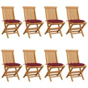 vidaXL Patio Chairs with Wine Red Cushions 8 pcs Solid Teak Wood