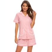 cheibear Womens SleepwearButton Up Shirt with Shorts Loungewear Pajama Set Pink XX-Large