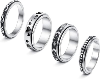 GoodMerchan - Men and Women's Stainless Steel Meditation Fidget Rings - Silver Black - 4 Pack - Heart Moon Star Celtic Stress Relieving Fashion Wedding Promise Band Rings