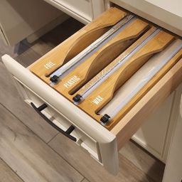 OnDisplay Luxe Bamboo Plastic Wrap/Wax Paper/Aluminum Foil Dispenser for Drawer or Wall Mountable - Cling Wrap/Parchment Paper/Tin Foil Holder for Kitchen (Natural 3-in-1)