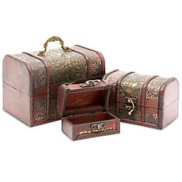 Juvale Set of 3 Wooden Treasure Chest Box, Decorative Wood Storage Trunk for Pirate Jewelry Keepsake Toy, Carved Flower