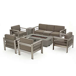 Contemporary Home Living 7pc Khaki Brown and Gray Contemporary Outdoor 7 Seater Chat Set with Fire Pit