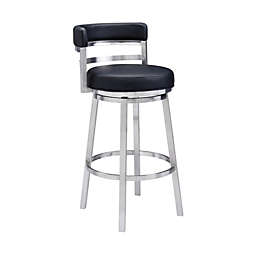 Armen Living Madrid Contemporary 26 Counter Height Barstool in Brushed Stainless Steel Finish and Black Faux Leather