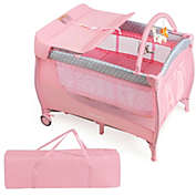 Gymax Foldable Baby Playard Portable Playpen Nursery Center w/ Changing Station Pink