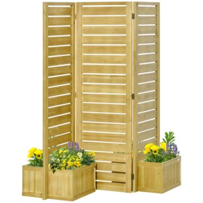 Outsunny Wood Privacy Screen with 4 Planter Box, Flower Pot Vegetable Raised Bed w/ 3 Panels and Drainage Holes for Patio, Porch, Deck, Balcony, Garden, and Hot Tub