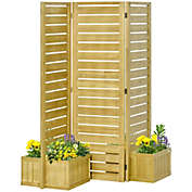 Outsunny Wood Privacy Screen with 4 Planter Box, Flower Pot Vegetable Raised Bed w/ 3 Panels and Drainage Holes for Patio, Porch, Deck, Balcony, Garden, and Hot Tub