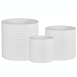Urban Trends Collection Ceramic Round Pot with Basket Weave Design Body Set of Three Matte Finish White