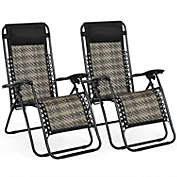 Slickblue 2 Pieces Folding Patio Rattan Zero Gravity Lounge Chair-Grey