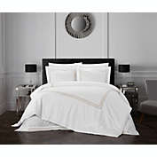 Chic Home Alexander Cotton Duvet Cover Set Solid White With Dual Stripe Embroidered Hotel Collection Bedding - Includes Two Pillow Shams - 3 Piece - Queen 92x96, Gold