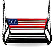 American Flag Porch Swing   Durable Metal Americana Patio Swing   Patriotic Outdoor Bench Swing, Red, White, Blue