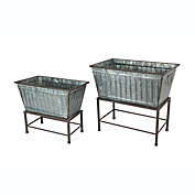 A&B Home Rectangular Galvanized Gray Metal Tub Indoor/Outdoor Planters On Stand Set of 2