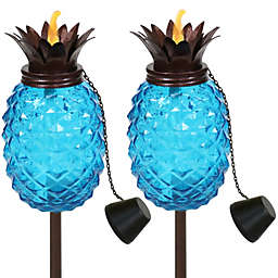 Sunnydaze Tropical Pineapple 3-in-1 Blue Glass Outdoor Torches - Set of 2