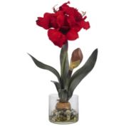 Nearly Natural 20" Red Amaryllis in Glass Round Vase