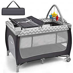 Costway 3 in 1 Portable Baby Playard with Zippered Door and Toy Bar-Gray
