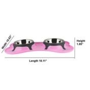Benzara Bone Shaped Plastic Pet Double Diner with Stainless Steel Bowls, Pink and Silver-Set of 2