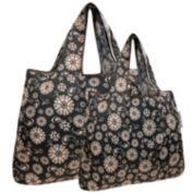 Wrapables Large & Small Foldable Tote Nylon Reusable Grocery Bags, Set of 2, Floral Deco
