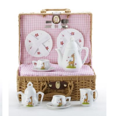 Giraffe MINIATURE Porcelain Tea Set in Fabric Lined Basket New