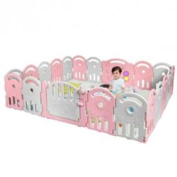 Costway 20-Panel Playpen with Music Box and Basketball Hoop-Pink
