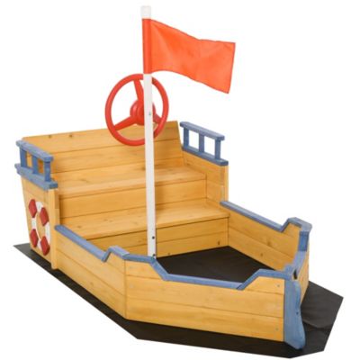 Outsunny Kids Sandbox Pirate Ship Play Boat w/ Bench Seats and Storage, Cedar Wood