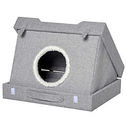 PawHut Cat House Foldable 2 In 1 Design Condo Pet Bed with Removable Washable Cushions Scratching Pad, Grey