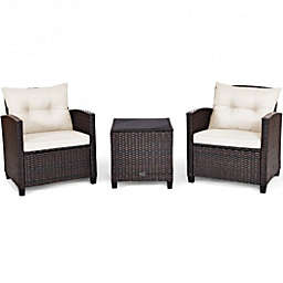 Costway-CA 3 Pcs Patio Rattan Furniture Set Cushioned Conversation Set Coffee Table