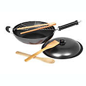 Lexi Home 12" Carbon Steel 6 pc. Wok Set with Bamboo Stir Fry Tools