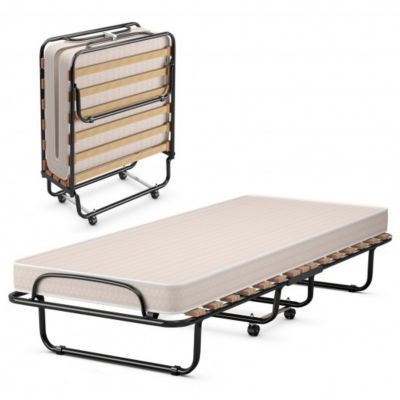 Twin Size Folding Rollaway Guest Metal Bed With Memory Foam Mattress Camping Cot 