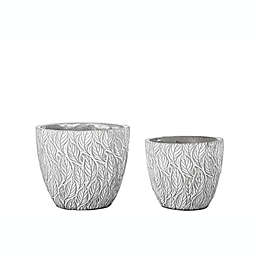 Urban Trends Collection Cement Round Pot with Embossed Leaves Abstract Design Body Set of Two Washed Concrete Finish Gray