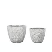 Urban Trends Collection Cement Round Pot with Embossed Leaves Abstract Design Body Set of Two Washed Concrete Finish Gray
