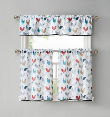 Kate Aurora Multi Rooster Complete 3 Pc Kitchen Curtain Tier & Valance Set - 56 in. W x 15 in. L, White Background