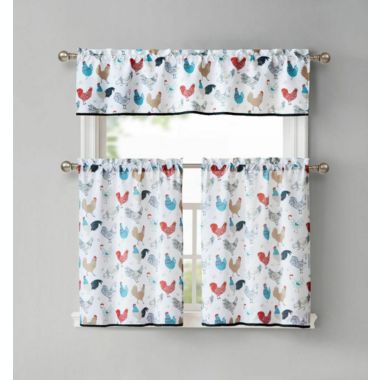 Kate Aurora Multi Rooster Complete 3 Pc Kitchen Curtain Tier & Valance Set - 56 in. W x 15 in. L, White Background. View a larger version of this product image.