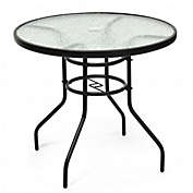 Costway-CA 32 Inch Patio Tempered Glass Steel Frame Round Table with Convenient Umbrella Hole