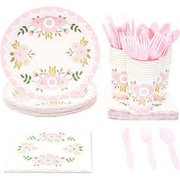 Blue Panda Pink Floral Party Supplies, Paper Plates, Napkins, Cups and Plastic Cutlery (Serves 24, 144 Pieces)
