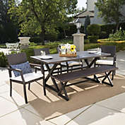 GDFStudio Sherman Outdoor 6 Piece Aluminum Dining Set with Bench and Wicker Dining Chairs